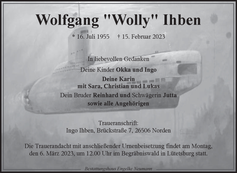  Traueranzeige für Wolfgang Ihben vom 01.03.2023 aus 