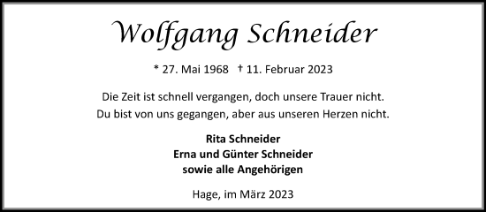 Traueranzeige von Wolfgang Schneider 