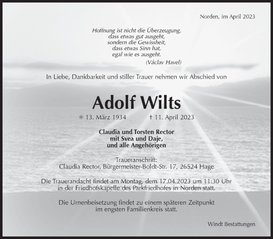 Traueranzeige von Adolf Wilts 