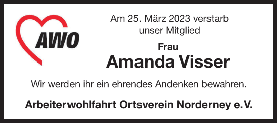 Traueranzeige von Amanda Visser 