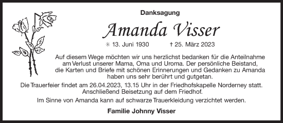 Traueranzeige von Amanda Visser 
