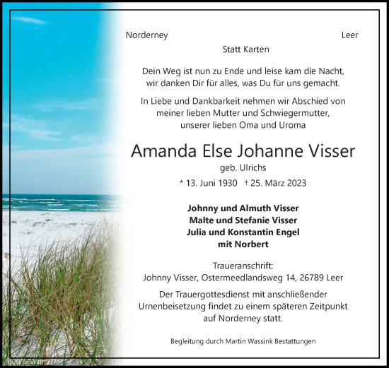 Traueranzeige von Amanda Else Johanne Visser 