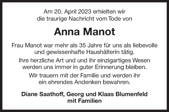 Traueranzeige von Anna Manot 