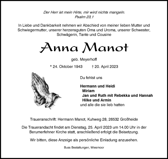 Traueranzeige von Anna Manot 