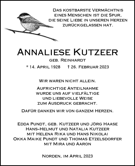 Traueranzeige von Annaliese Kutzeer 
