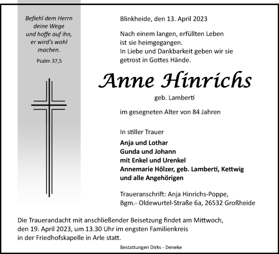 Traueranzeige von Anne Hinrichs 