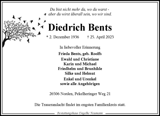 Traueranzeige von Diedrich Bents 