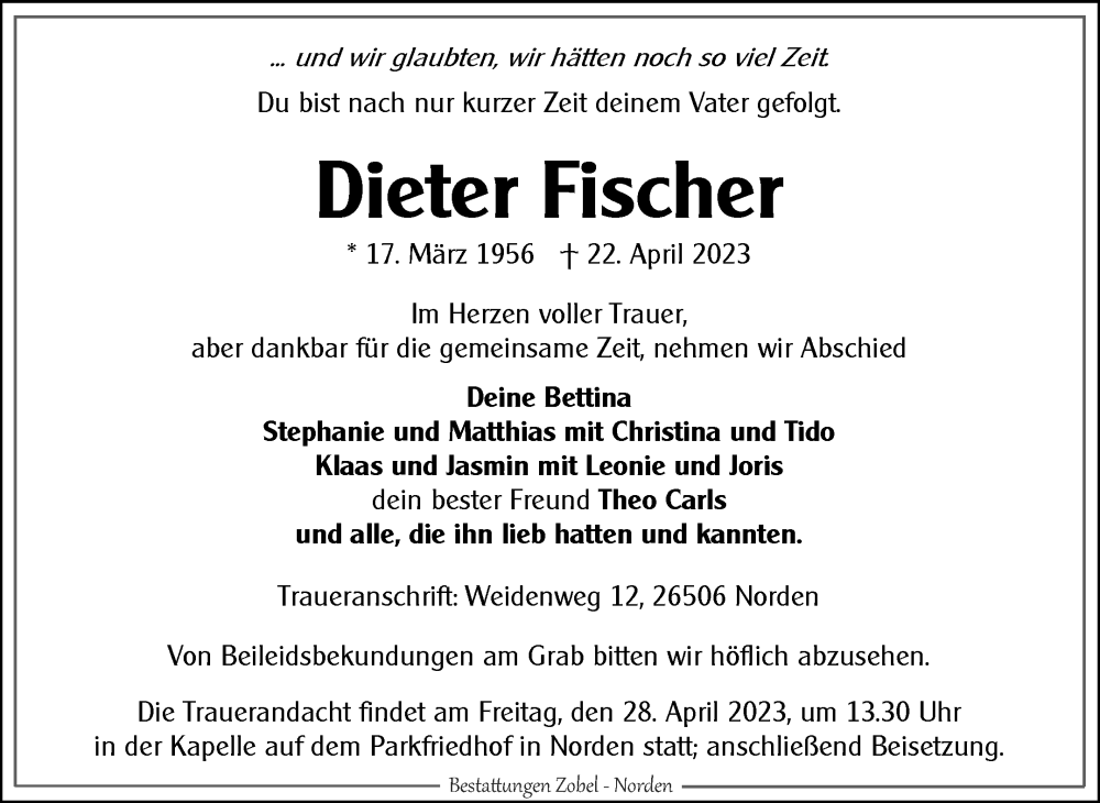  Traueranzeige für Dieter Fischer vom 26.04.2023 aus 
