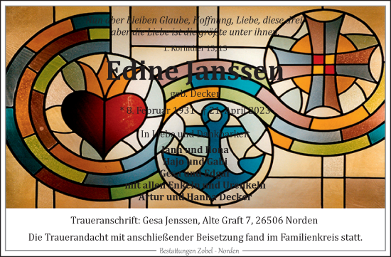 Traueranzeige von Edine Janssen 