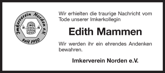 Traueranzeige von Edith Mammen 