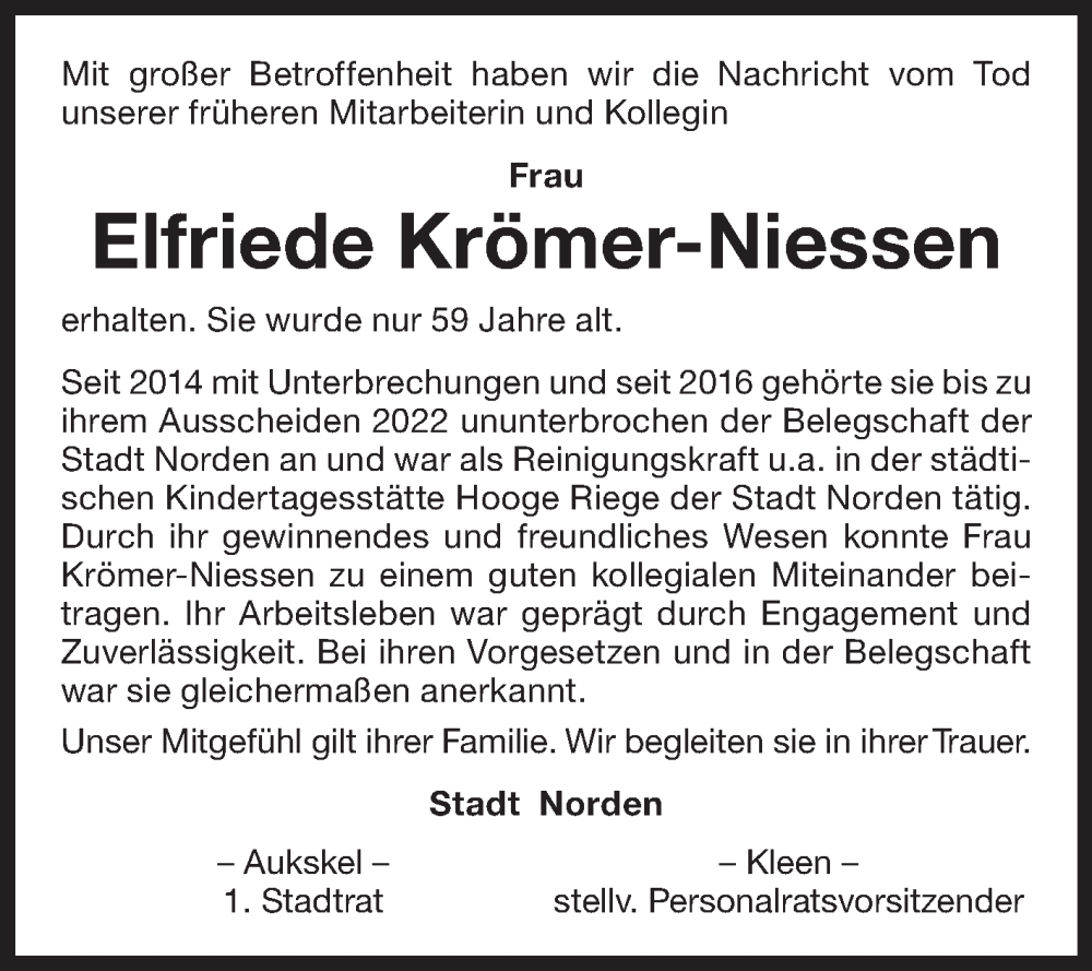  Traueranzeige für Elfriede Krömer-Niessen vom 22.04.2023 aus 