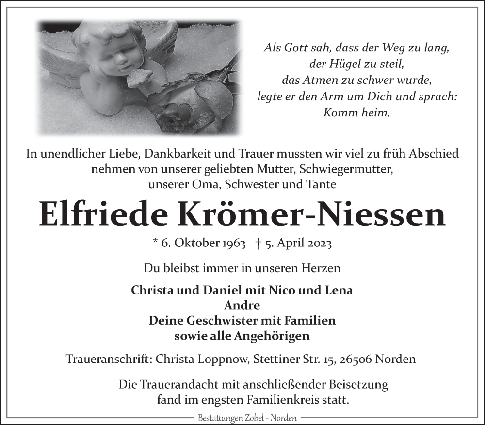  Traueranzeige für Elfriede Krömer-Niessen vom 15.04.2023 aus 