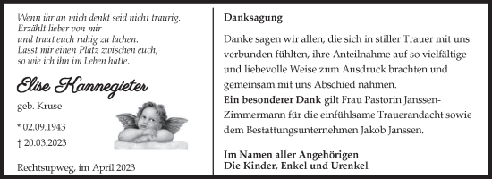 Traueranzeige von Elise Kannegieter 