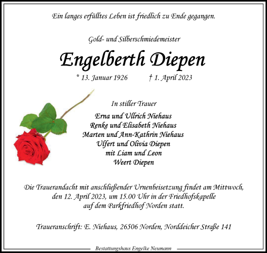 Traueranzeige von Engelberth Diepen 