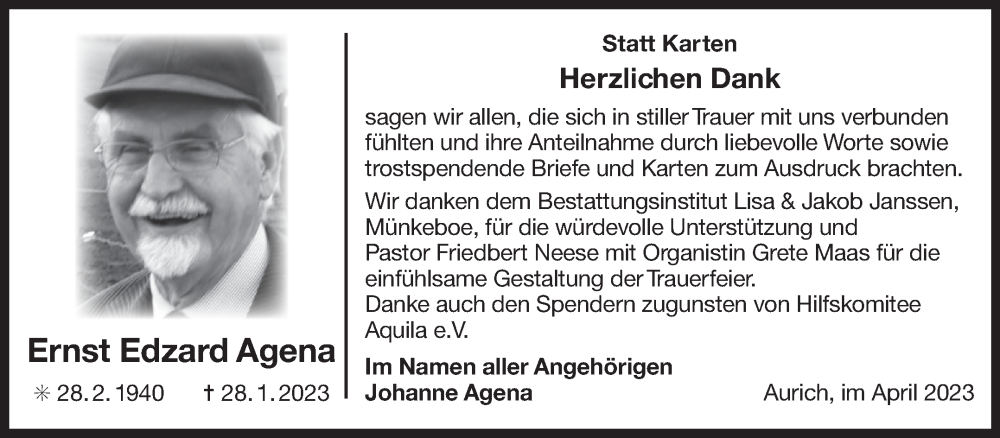  Traueranzeige für Ernst Edzard Agena vom 29.04.2023 aus 