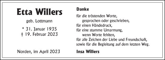 Traueranzeige von Etta Willers 
