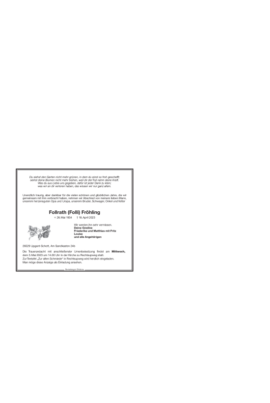 Traueranzeige von Follrath Fröhling 