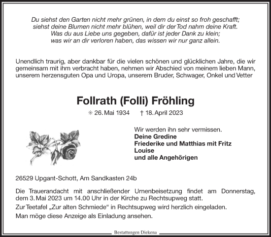 Traueranzeige von Follrath Fröhling 