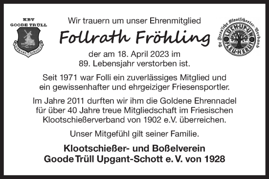 Traueranzeige von Follrath Fröhling 