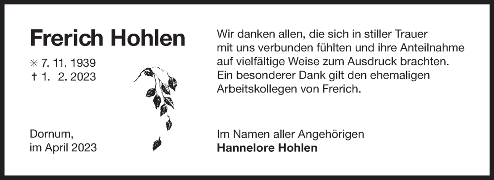  Traueranzeige für Frerich Hohlen vom 01.04.2023 aus 