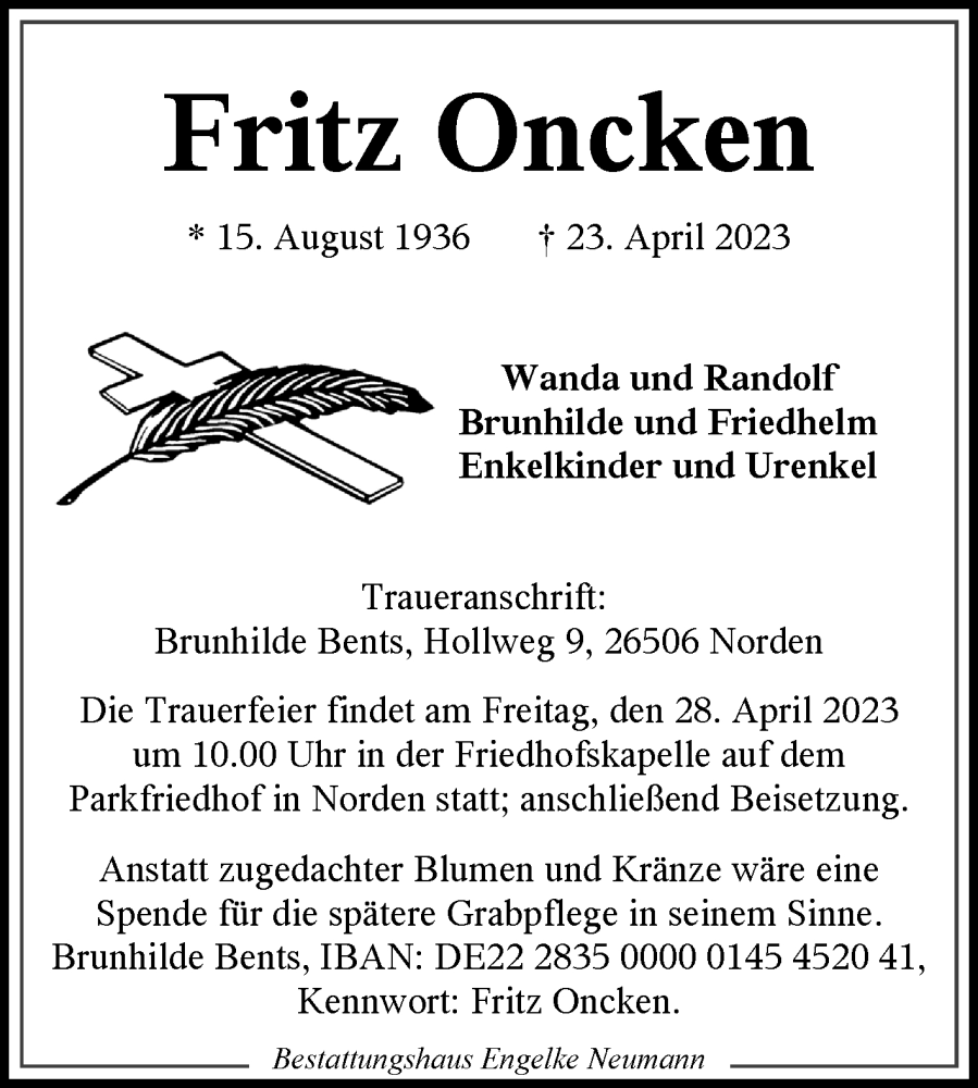  Traueranzeige für Fritz Oncken vom 26.04.2023 aus 