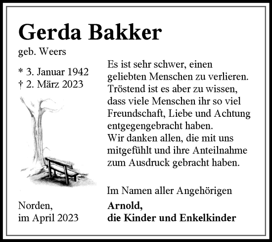 Traueranzeige von Gerda Bakker 