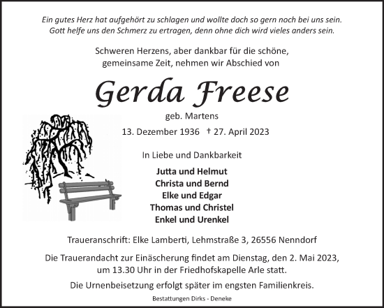 Traueranzeige von Gerda Freese 