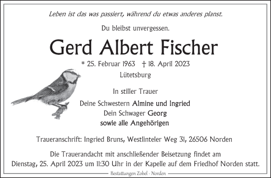 Traueranzeige von Gerd Albert Fischer 