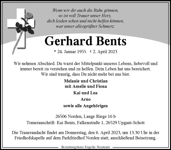 Traueranzeige von Gerhard Bents 