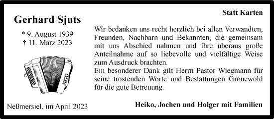Traueranzeige von Gerhard Sjuts 