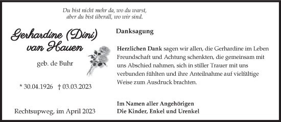 Traueranzeige von Gerhardine van Hauen 