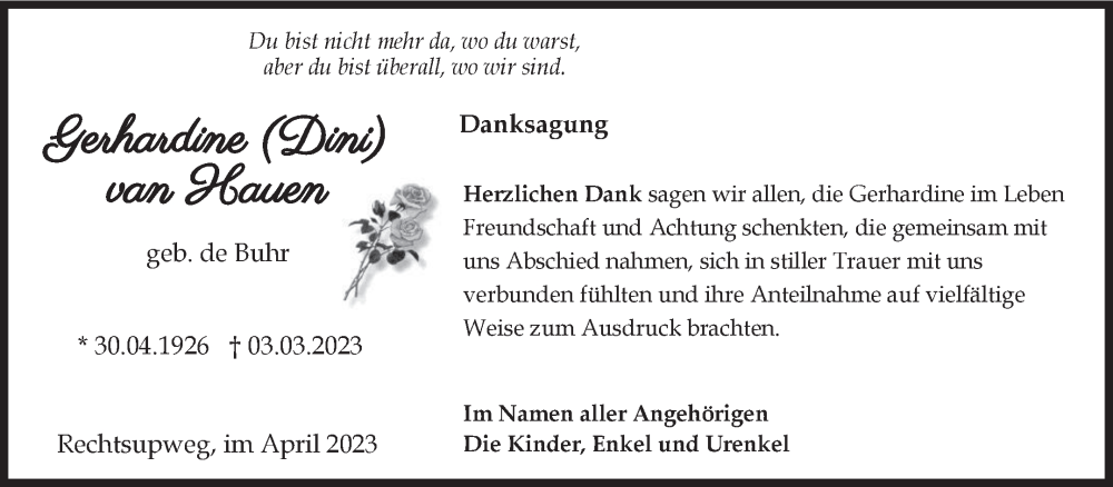  Traueranzeige für Gerhardine van Hauen vom 22.04.2023 aus 