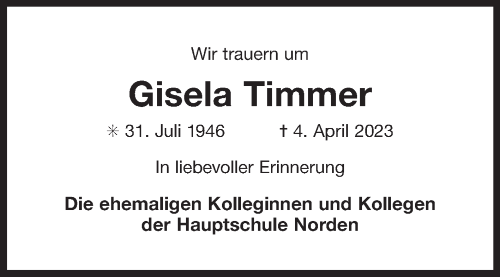  Traueranzeige für Gisela Timmer vom 13.04.2023 aus 