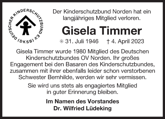Traueranzeige von Gisela Timmer 