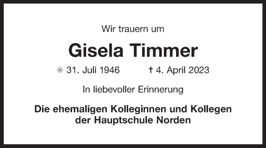 Traueranzeige von Gisela Timmer 