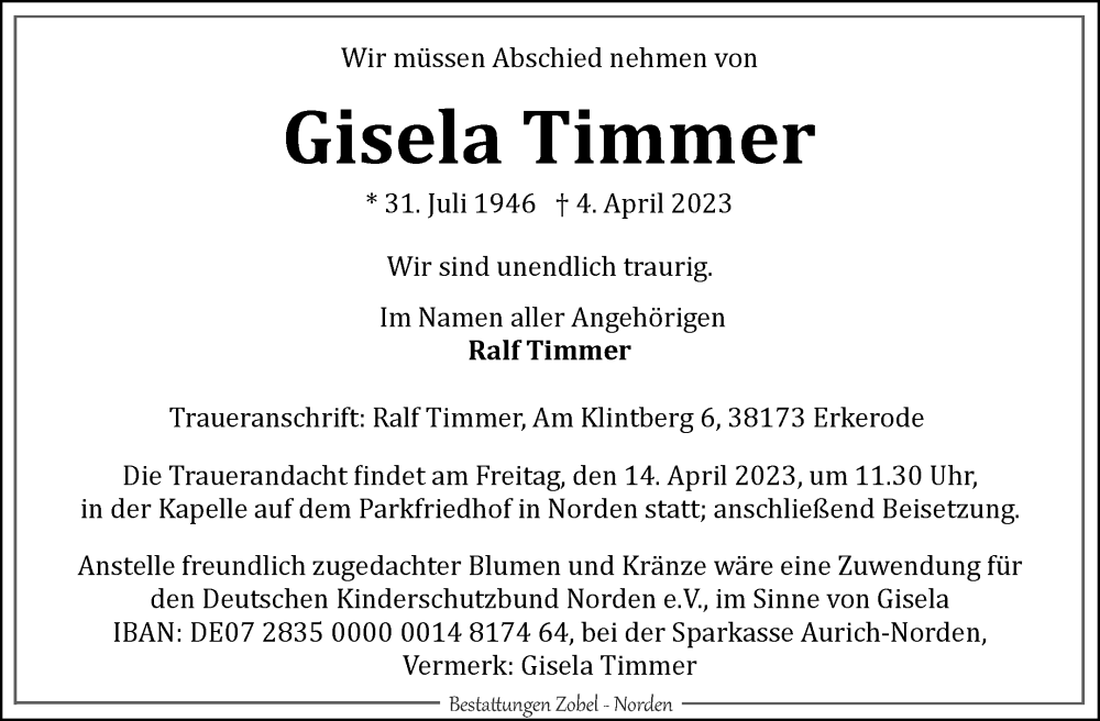  Traueranzeige für Gisela Timmer vom 12.04.2023 aus 