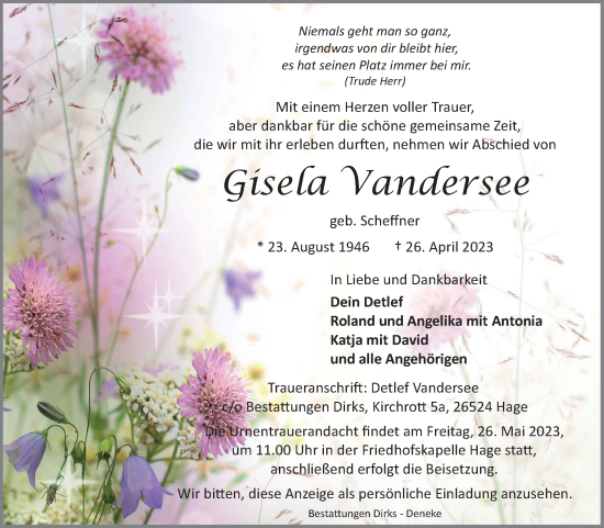 Traueranzeige von Gisela Vandersee 