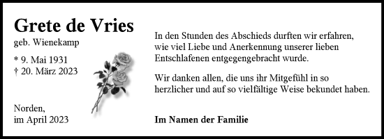 Traueranzeige von Grete de Vries 