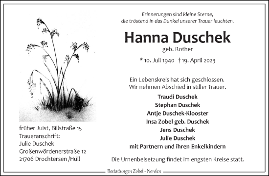 Traueranzeige von Hanna Duschek 