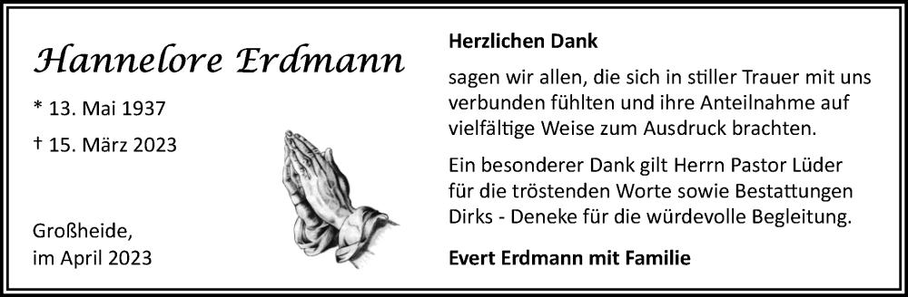  Traueranzeige für Hannelore Erdmann vom 15.04.2023 aus 