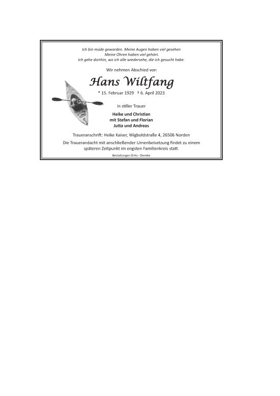 Traueranzeige von Hans Wiltfang 