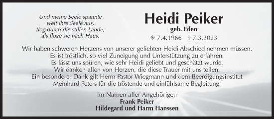 Traueranzeige von Heidi Peiker 