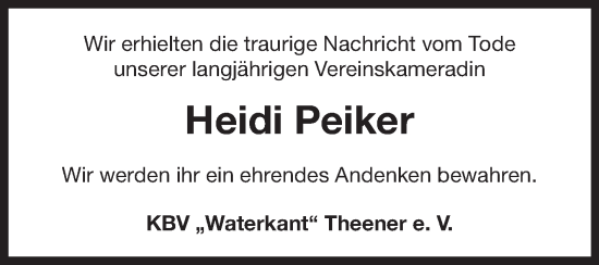 Traueranzeige von Heidi Peiker 