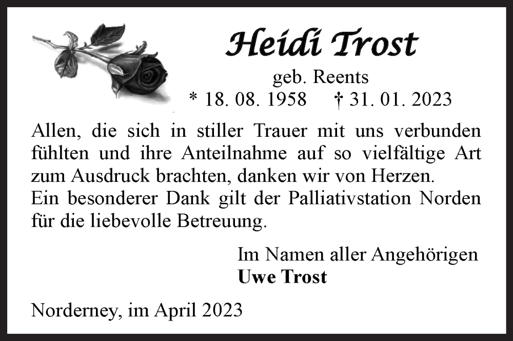  Traueranzeige für Heidi Trost vom 01.04.2023 aus 