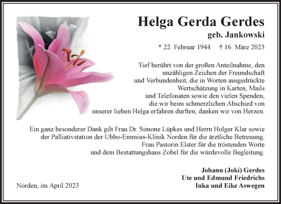 Traueranzeige von Helga Gerda Gerdes 