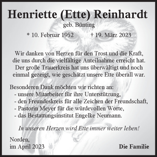 Traueranzeige von Henriette Reinhardt 