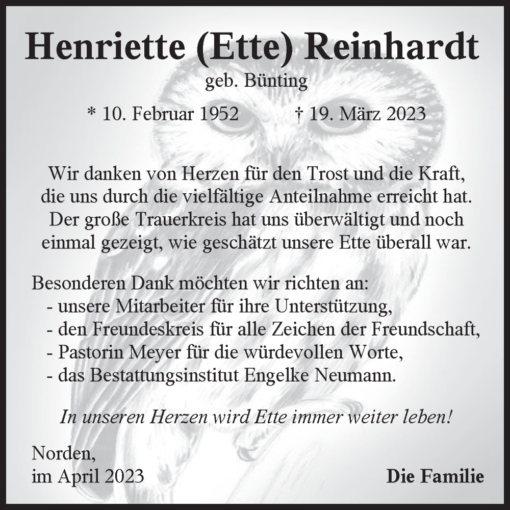  Traueranzeige für Henriette Reinhardt vom 29.04.2023 aus 