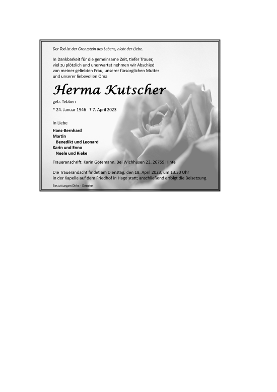Traueranzeige von Herma Kutscher 