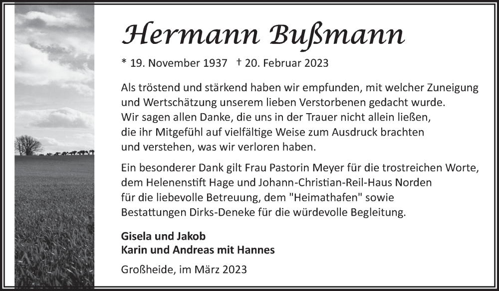  Traueranzeige für Hermann Bußmann vom 01.04.2023 aus 