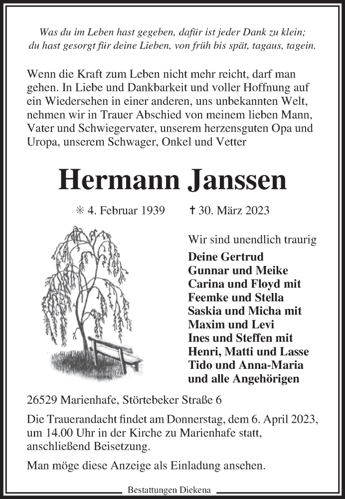  Traueranzeige für Hermann Janssen vom 01.04.2023 aus 
